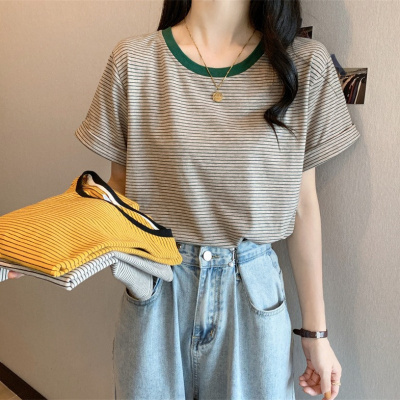 休闲打底衫上衣女修身短袖T恤女夏条纹韩版学生圆领女装