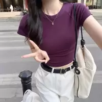 含棉紫色短袖T恤女装夏季紧身显瘦打底衫短款甜辣妹纯欲上衣
