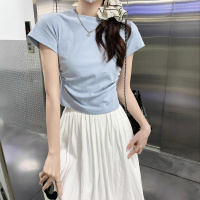 含棉 辣妹短款T恤女新款短袖设计感圆领修身褶皱收腰百搭上衣女潮