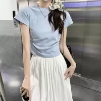 含棉 辣妹短款T恤女新款短袖设计感圆领修身褶皱收腰百搭上衣女潮