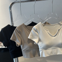 夏季ins潮奶茶色短款露脐健身运动T恤带胸垫瑜伽短袖上衣修身短袖