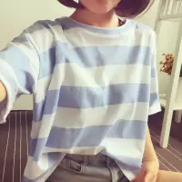 夏季新款韩版学生条纹短袖T恤女士宽松衣服上衣女装