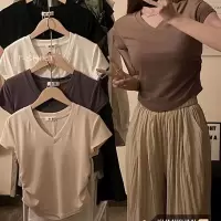 夏季法式收腰设计感正肩短袖T恤女修身短款V领打底衫显瘦上衣女装