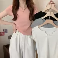 夏季薄款V领短袖T恤女设计感韩版学生短款修身T恤上衣女款潮