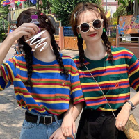 夏装新款韩版休闲宽松条纹花朵短袖T恤女新款学生上衣打底衫