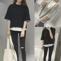 大码宽松假两件短袖T恤女夏季大码拼接休闲上衣情侣装打底衫