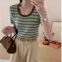 条纹短袖针织衫女夏季女装新款修身显瘦撞色韩版打底衫上衣INS潮