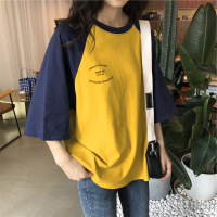 设计感拼接短袖T恤女夏韩国女装短款高腰撞色宽松上衣 时尚装