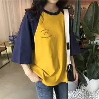 设计感拼接短袖T恤女夏韩国女装短款高腰撞色宽松上衣 时尚装