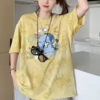 韩版扎染卡通短袖女夏季新款日系风休闲宽松百搭印花T恤上衣