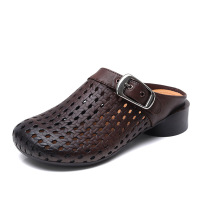 头层牛皮复古包头外穿半拖鞋女2025夏季新款皮带扣镂空懒人凉拖鞋