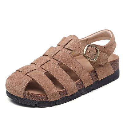 头层牛皮复古厚底罗马凉鞋女2025夏季新款休闲舒适搭扣编织凉鞋