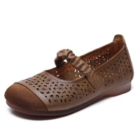 头层牛皮复古平底镂空凉鞋女2025夏季新款休闲舒适软底妈妈鞋