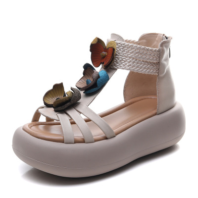 头层牛皮文艺复古凉鞋女2025年夏季新款撞色花朵松糕厚底罗马凉鞋