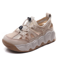 头层牛皮透气网面镂空凉鞋女2025夏季新款厚底舒适运动休闲鞋