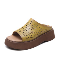 头层牛皮露趾松糕厚底拖鞋女2025夏季复古坡跟外穿镂空透气凉鞋