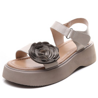 民族风头层牛皮平底凉鞋女夏季厚底花朵手工真皮魔术贴松糕凉鞋