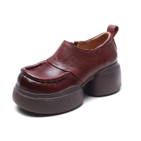 厚底单鞋小个子百搭真皮复古女鞋春季新款圆头高跟低帮鞋