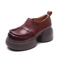 厚底单鞋小个子百搭真皮复古女鞋春季新款圆头高跟低帮鞋