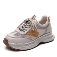 头层牛皮拼色厚底单鞋女2025春夏新款舒适透气网面圆头运动休闲鞋