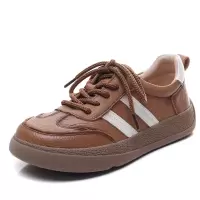 头层牛皮拼色平底单鞋女2025春季新款百搭休闲德训鞋圆头系带板鞋