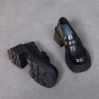 真皮英伦风小皮鞋女粗跟百搭单鞋秋季新款圆头厚底深口乐福鞋