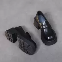 真皮英伦风小皮鞋女粗跟百搭单鞋秋季新款圆头厚底深口乐福鞋