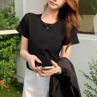 黑色圆领短袖T恤女2025夏季新款纯色基础款体恤修身显瘦正肩上衣