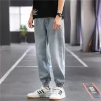 抽绳牛仔裤男士春夏季薄款束脚九分宽松阔腿潮流休闲长裤