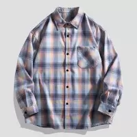 男装新款春秋季长袖衬衫男士潮流宽松翻领情侣衬衣百搭格子外套-