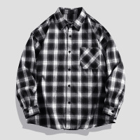 春秋新款黑白格子衬衫男士宽松休闲衬衣韩版潮流百搭长袖上衣外套