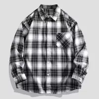 男装春秋季新款情侣格子衬衫男韩版潮流宽松翻领长袖衬衣绿色外套