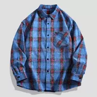 男装春秋装新款男士长袖衬衫高街潮牌时尚宽松复古格子衬衣男外套