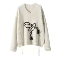 V领手工勾花小兔子复古山羊绒衫女针织打底衫宽松厚款长袖毛衣暖