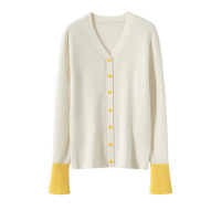 女士山羊绒开衫撞色袖清新甜美温柔风V字领单排扣春夏季新款外套