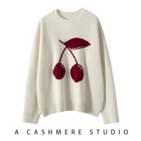 山羊绒衫女士大樱桃提花圆领宽松长袖加厚羊绒针织打底衫毛衣外穿