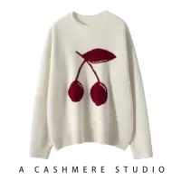 山羊绒衫女士大樱桃提花圆领宽松长袖加厚羊绒针织打底衫毛衣外穿