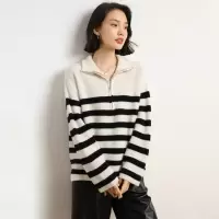 山羊绒衫女条纹毛衣女士法式复古翻领半拉链秋季慵懒风针织打底衫