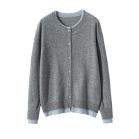 山羊绒衫春新款假两件撞色拼接舒适软糯羊绒圆领女士针织纽扣开衫