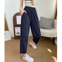 藏青色速干运动女夏季薄款小个子高腰宽松休闲九分冰丝萝卜哈伦裤