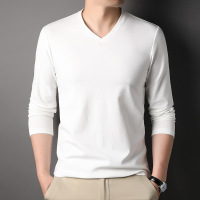 桑蚕丝V领T恤男士秋季新款长袖纯色套头百搭舒适合体休闲打底衫男