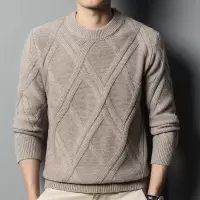 秋冬季新款加厚羊毛衫男圆领粗针提花保暖毛衣男士打底针织衫