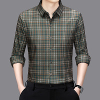 全无痕格子衬衫男秋季新款中年爸爸装休闲透气印花男士长袖衬衣