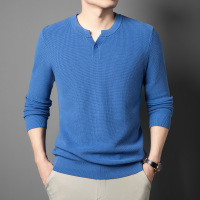 纯棉亨利领男士针织衫秋季新款纯色抗起球套头打底长袖毛衣男