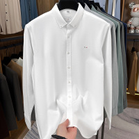 100%棉磨毛长袖衬衫男秋季新款商务翻领纯色刺绣男士衬衫