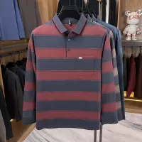 中年翻领色织条纹polo衫男秋季新款休闲假口袋男士打底衫