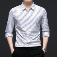 斜条纹印花无痕衬衫男士秋季新款男士中年长袖衬衣商务休闲