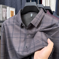 新款男士长袖格子衬衫翻领秋季中年商务时尚休闲含羊毛衬衣