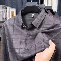 新款男士长袖格子衬衫翻领秋季中年商务时尚休闲含羊毛衬衣
