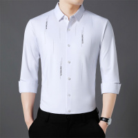 新款男士长袖衬衫春秋季中年商务休闲印花免烫衬衣男装
